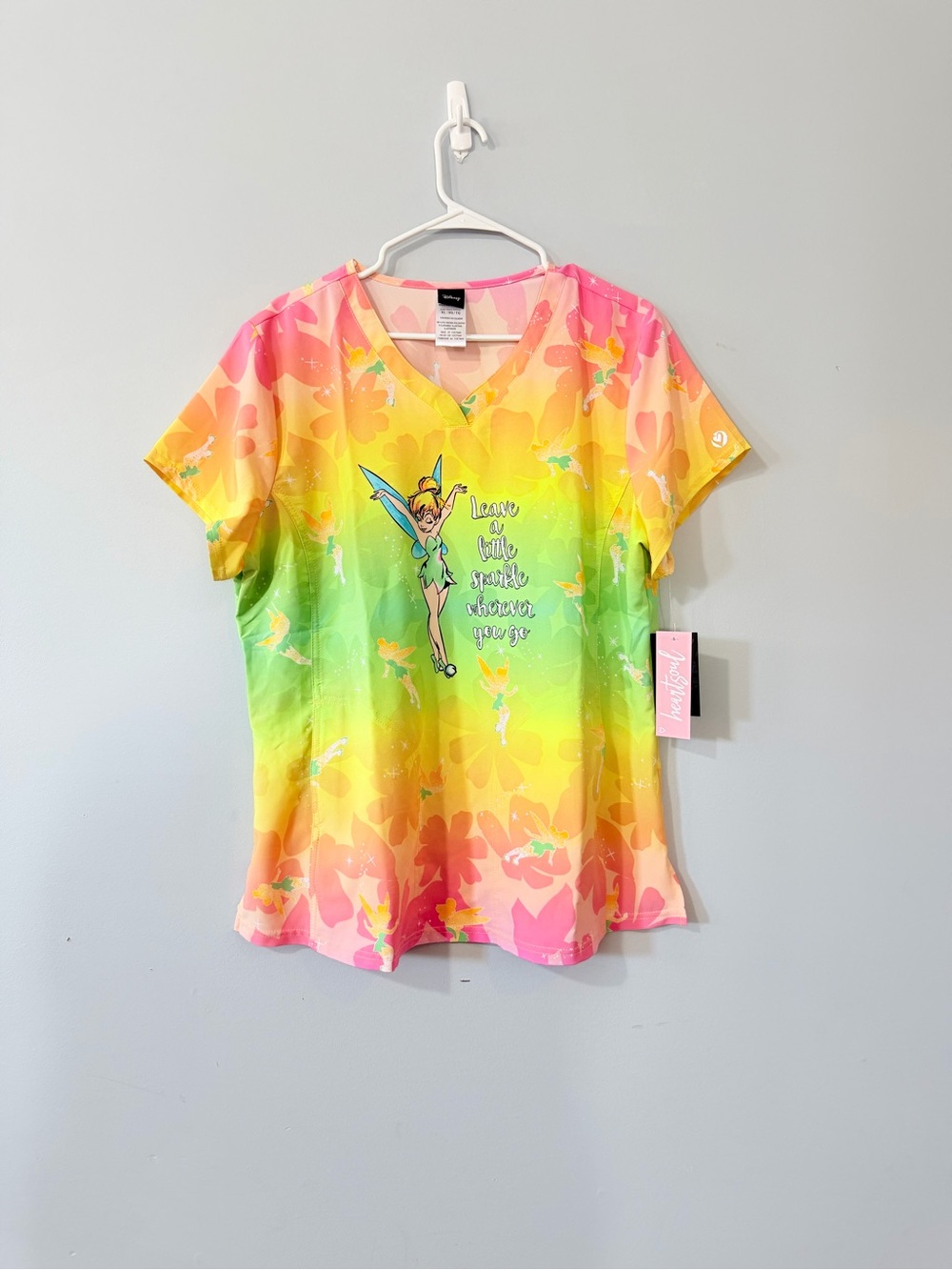 Disney Tinker Bell Rainbow V-Neck Short Sleeve scrub Top - Pink Yellow Green